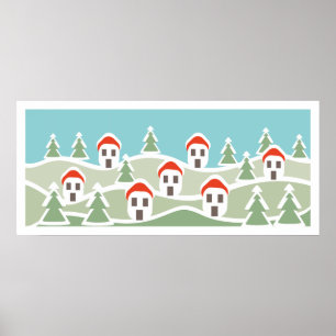 Winterdorf, Häuser mit roten Dächern, benutzerdefi Poster