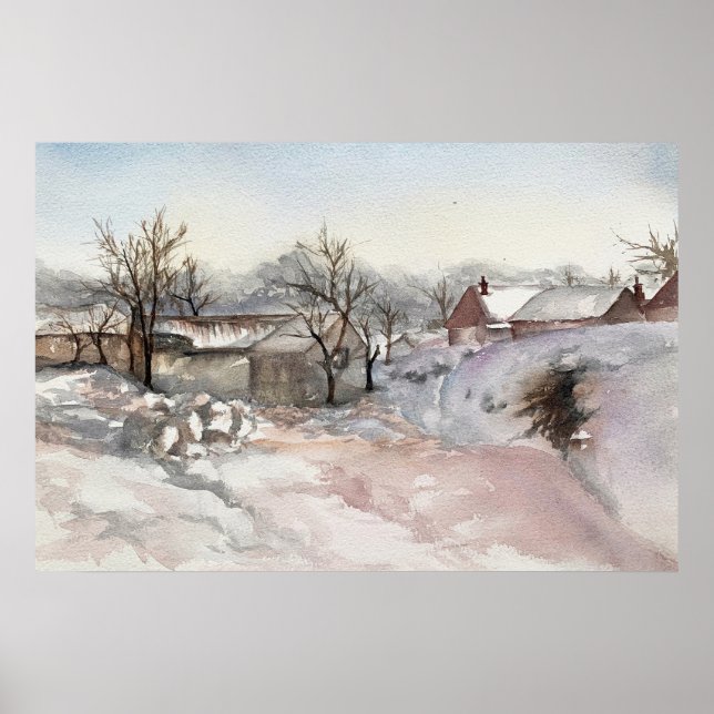 Winterdorf Landschaft Wasserfarben Druckposter Poster (Vorne)