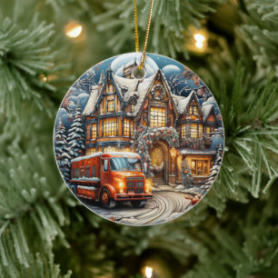 Winterdorf & LKW Weihnachtsferien Keramik Ornament