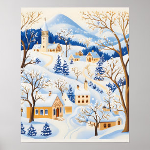 Winterdorf mit Mattierten Bäumen und schneebedeckt Poster