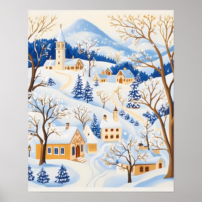 Winterdorf mit Mattierten Bäumen und schneebedeckt Poster (Vorne)