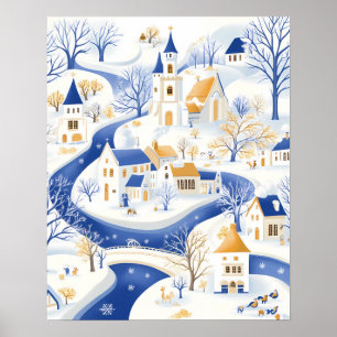 Winterdorf mit Winding River und Kirche Poster