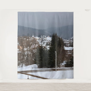 Winterdorf Panorama - ländliche Landschaft Rumänie Wandteppich
