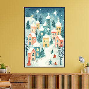 Winterdorf – Pastell-Schneeszene mit Geschenke-Wan Leinwanddruck