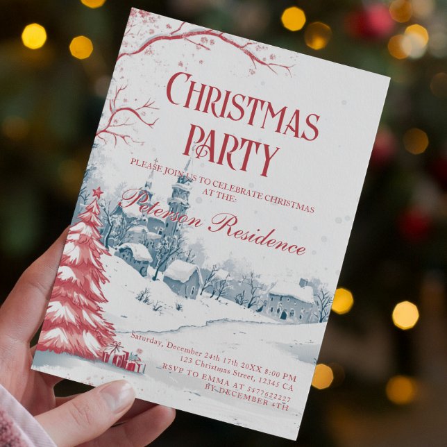 Winterdorf Rot und Weiß Weihnachten Party Einladung (Von Creator hochgeladen)