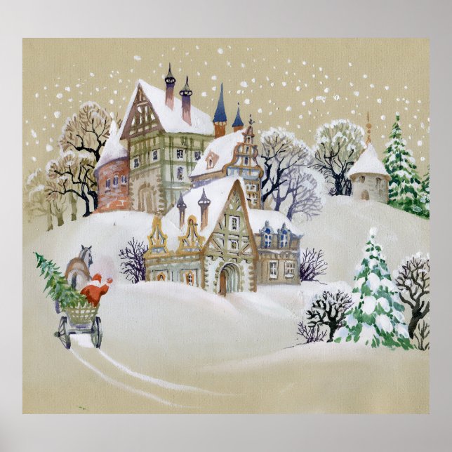 Winterdorf: Schneesichere, Illustrierte Landschaft Poster (Vorne)
