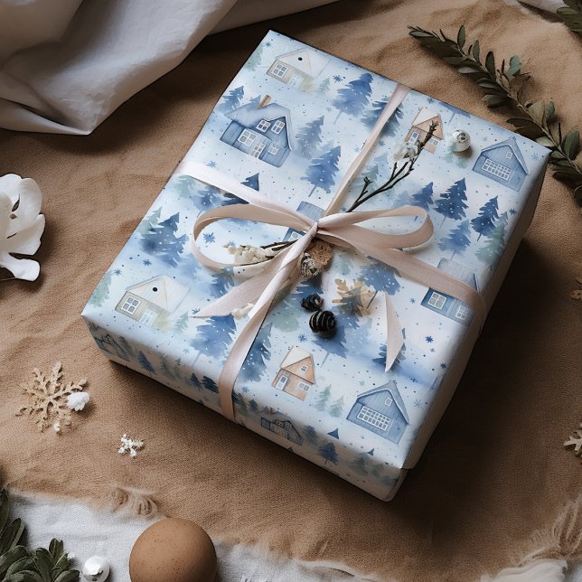 Winterdorf Wasserfarbenschnee Weißes Weihnachtsfes Geschenkpapier (Von Creator hochgeladen)