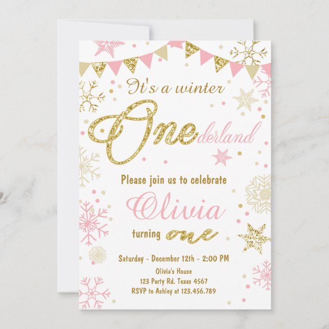 Wintereinladung zum Geburtstag von Onederland Pink Einladung (Vorderseite)
