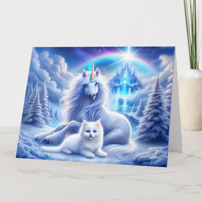 Winterfantasie mit schönem Einhorn und Kitten Karte (Vorderseite)