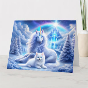 Winterfantasie mit schönem Einhorn und Kitten Karte