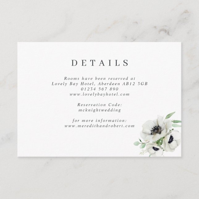 Winterfarbenanemonen Hochzeitdetails Begleitkarte (Vorderseite)
