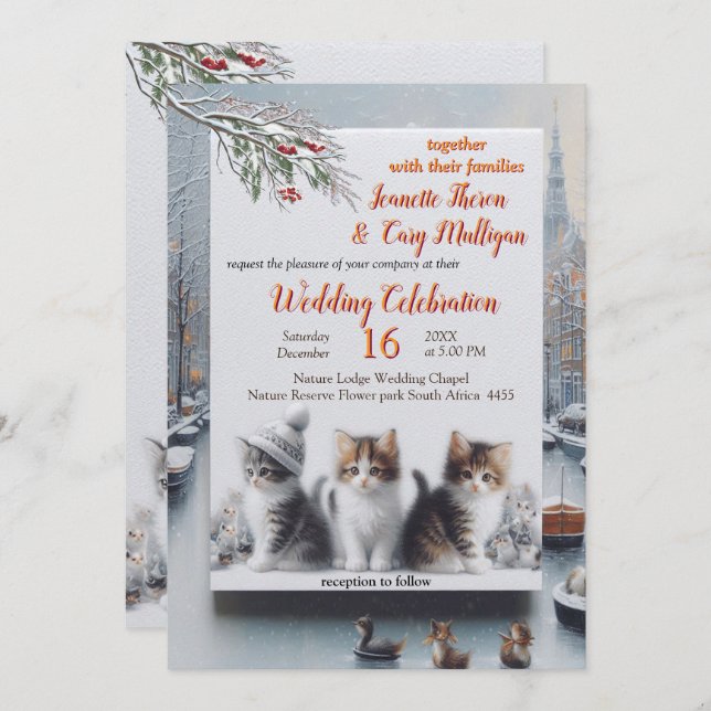 Winterfeiern im Schnee oder in der Sonne. Einladung (Vorne/Hinten)