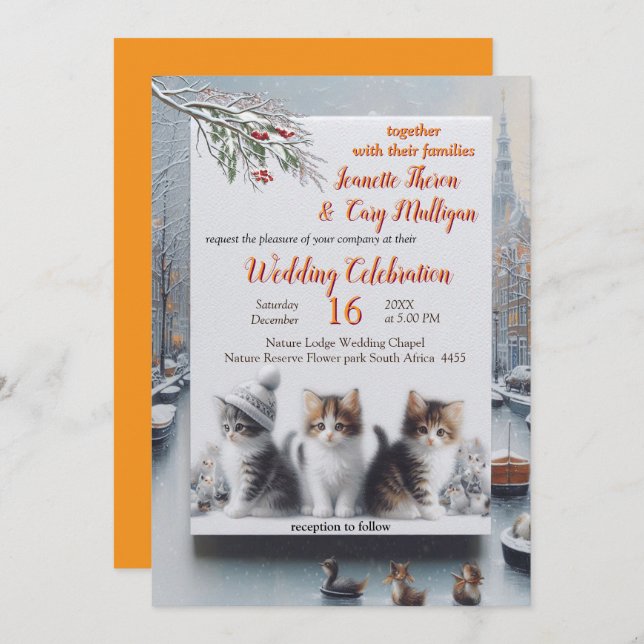 Winterfeiern im Schnee oder in der Sonne. Einladung (Vorne/Hinten)