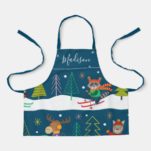 Winterferien-Druck mit Namen und niedlichen Tieren Schürze