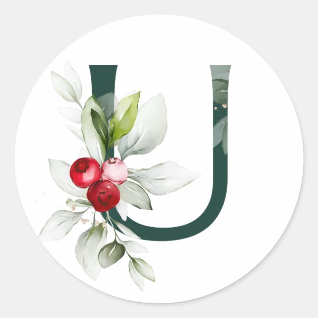 Winterferien MONOGRAM Rote Poinsettia Beeren C Runder Aufkleber (Vorderseite)