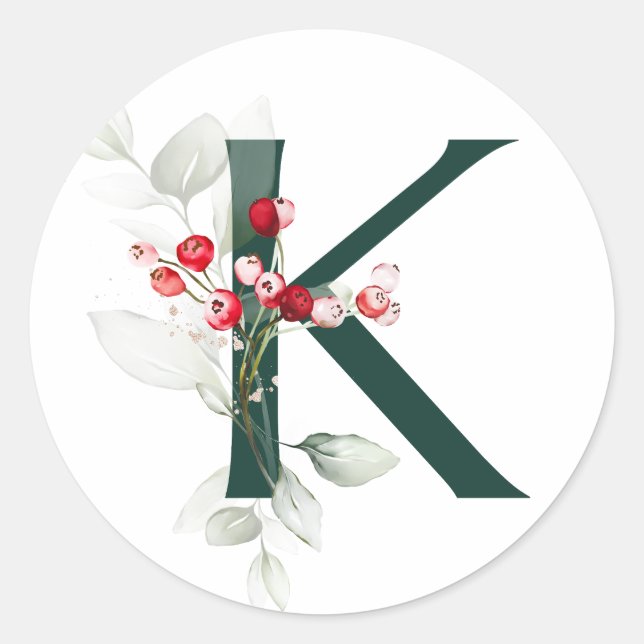 Winterferien MONOGRAM Rote Poinsettia Beeren C Runder Aufkleber (Vorderseite)