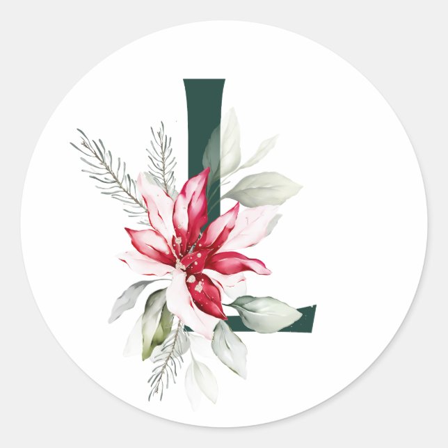 Winterferien MONOGRAM Rote Poinsettia Beeren C Runder Aufkleber (Vorderseite)