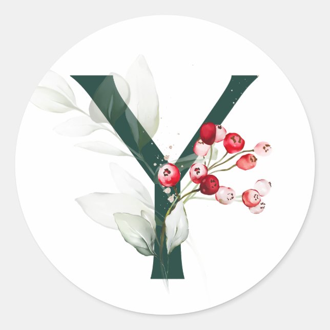 Winterferien MONOGRAM Rote Poinsettia Beeren C Runder Aufkleber (Vorderseite)