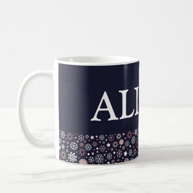 Winterferien Rose Goldschneeflocken Namenstext Kaffeetasse (Links)
