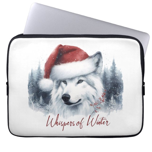 Winterflüster - Watercolor Wolf in Weihnachtsmannm Laptopschutzhülle (Vorderseite)