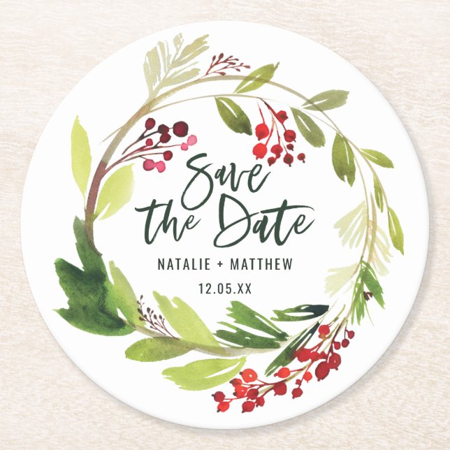 Winterfolien Save the Date Runder Pappuntersetzer (Vorderseite)