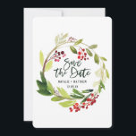 Winterfolienkarte Save the Date<br><div class="desc">Winter Aquarell rot und grün Blattwerk Save the Date Karte. Mit schönem modernen Skripttext und auf Trend Aquarellfarben. Teil einer Sammlung.</div>
