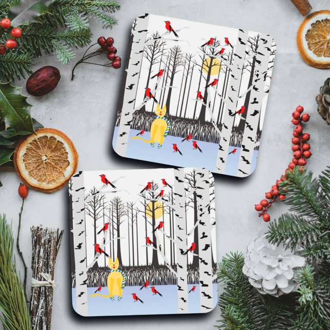 Winterfreude - Katze mit den Kardinälen von Schal- Getränkeuntersetzer (Von Creator hochgeladen)