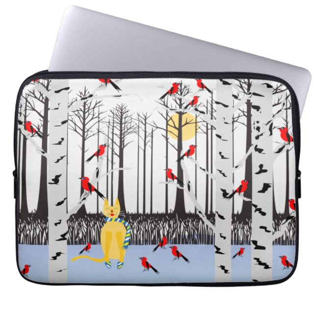 Winterfreude - Katze mit den Kardinälen von Schal- Laptopschutzhülle (Vorderseite)