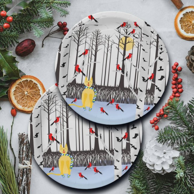 Winterfreude - Katze mit den Kardinälen von Schal- Pappteller (Von Creator hochgeladen)