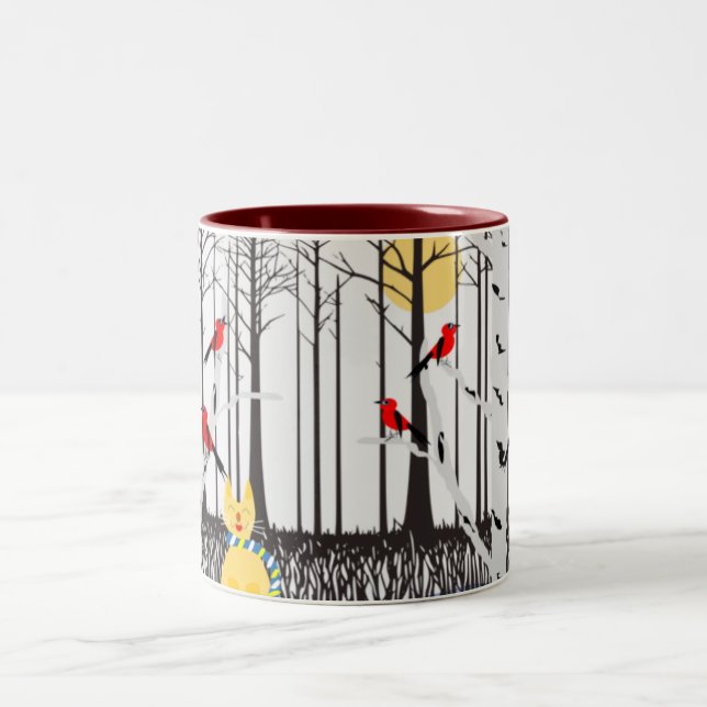 Winterfreude - Katze mit den Kardinälen von Schal- Zweifarbige Tasse (Mittel)