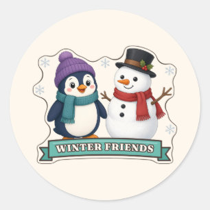 Winterfreunde Pinguin und Schneemann Runder Aufkleber