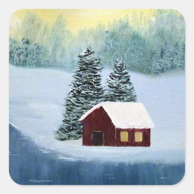 Winterfriedlandschaft Frozen Fluss Cabin Szene Quadratischer Aufkleber (Vorderseite)