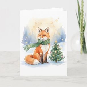 Winterfuchs mit grünem Schal und Weihnachtsbaum Karte