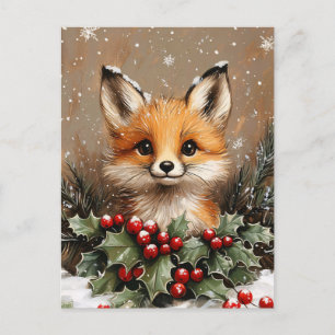 Winterfuchs mit Stechpalme und schneebedeckter Kie Postkarte
