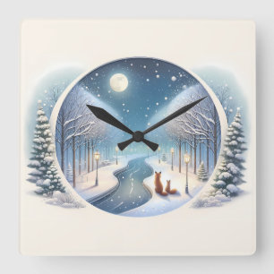Winterfüchse am mondbeschienenen schneebedeckten F Quadratische Wanduhr