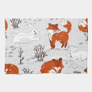 Winterfüchse Bunny Seamless Muster Geschirrtuch