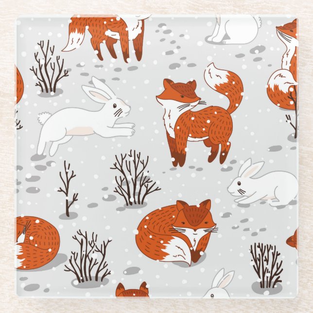 Winterfüchse Bunny Seamless Muster Glasuntersetzer (Vorderseite)