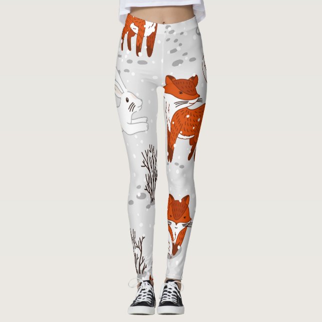 Winterfüchse Bunny Seamless Muster Leggings (Vorderseite)