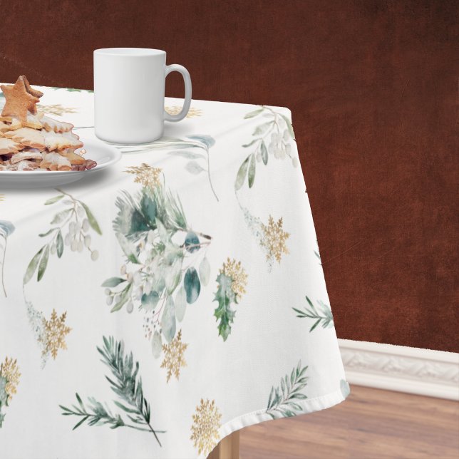 Wintergarten Goldene Schneeflocken Tischdecke (Simple, minimalist Christmas tablecloth with winter greenery, berries and gold snowflakes)