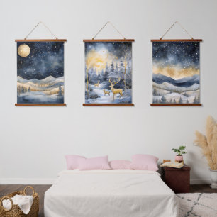 Wintergebirge Hirschstars Navy Landschaften Wandteppich Mit Holzrahmen