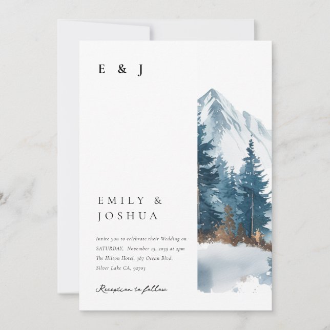 Wintergebirge Pinienbäume in einer Hochzeit Einladung (Vorderseite)