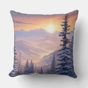 Wintergebirgslandschaft mit Tannen und Sonne Kissen