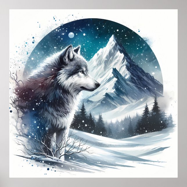 Wintergebirgslandschaft mit Wolf Poster (Vorne)