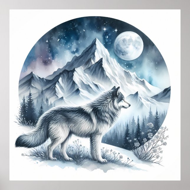 Wintergebirgslandschaft mit Wolf Poster (Vorne)