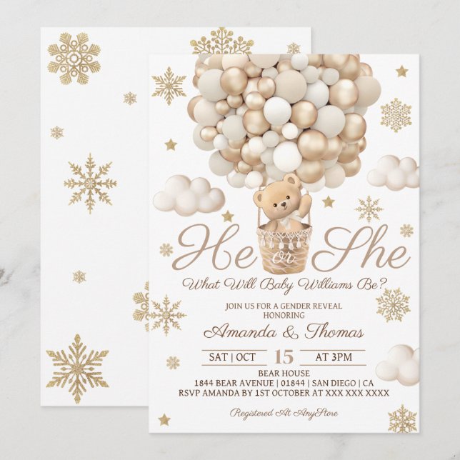 Wintergeschlecht offenbart Bärenthema Einladung (Vorne/Hinten)