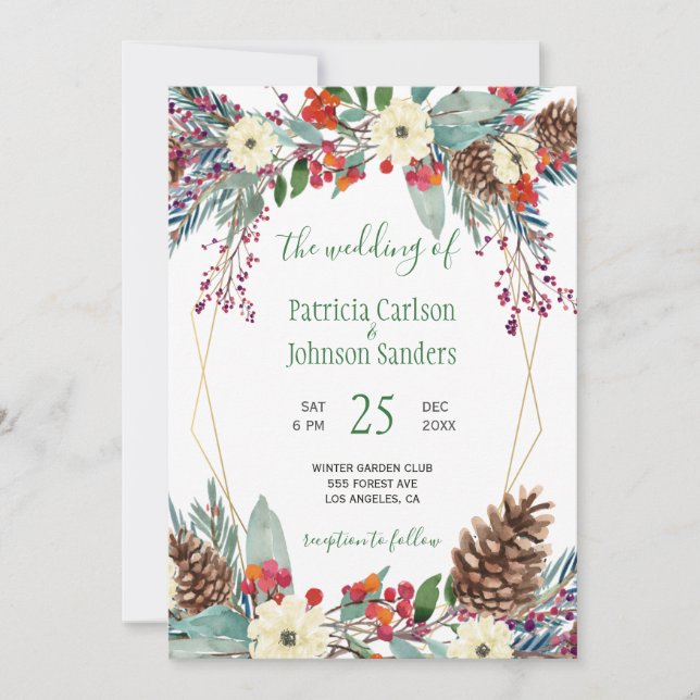Wintergoldenrahmen Blumenkranz Weihnachtsfeier Einladung (Vorderseite)