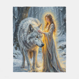 Wintergöttin & Weißer Wolf Fleecedecke