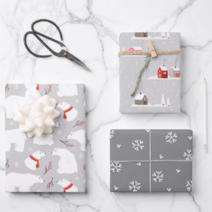 Wintergrauen, Eisbär, Schneeflocken koordiniert  Geschenkpapier Set