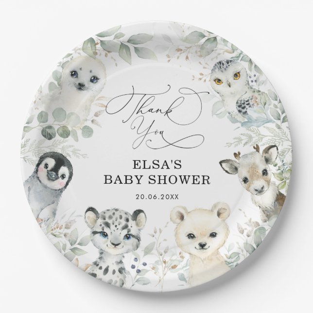 Wintergrün Arktische Tiere neutrale Babydusche Pappteller (Vorderseite)