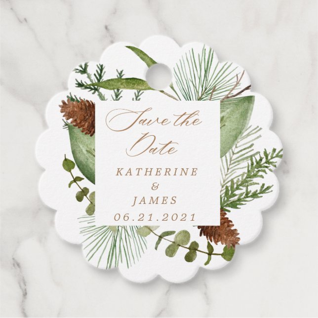 Wintergrün elegant Save the Date Geschenkanhänger (Vorderseite)